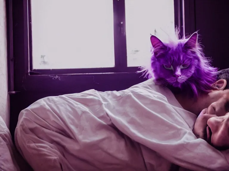 Prompt: man sleeping with a boy with purple hair and cat ears standing in window, dark lighting