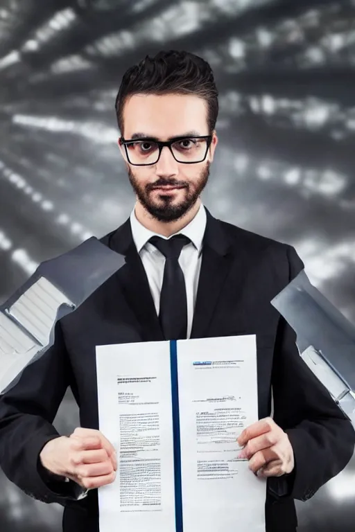 Image similar to futuristic scientist gets a papers from fbi, he is holding a folder with shock, dark building, dramatic lighting, ethereal, stunning, breathtaking, awe - inspiring award - winning