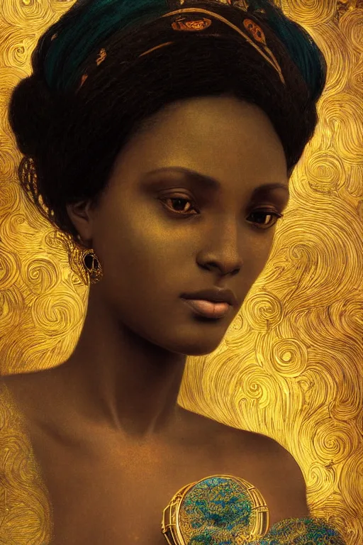 Image similar to Portrait of a Beautiful African female, sad green eyes, beautiful skin, elegant, jewellery, digital painting, Pre-Raphaelites, highly detailed, concept art, cinematic lighting, smooth, sharp focus, gold and indigo, illustration, art by Klimt and Alphonse Mucha.