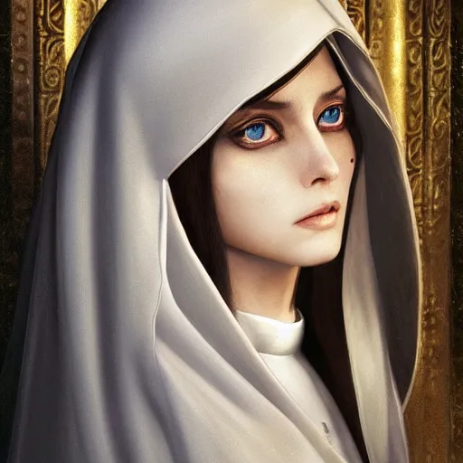 Prompt: portrait of a beautiful nun with long hair. She wear a silver detailed symetric amulet of a sun eye. Epic fantasy. beautiful. face symetric cinematic top lighting, insanely detailed and intricate, face by wlop, Charlie Bowater, golden ratio, symmetric, elegant, ornate, luxury, elite, matte painting, cinematic, trending on artstation, deviantart and cgsociety, 8k, high resolution