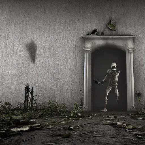 Image similar to a zombie at the gate of a decrepit house, night, misty, scary, spooky, octane render