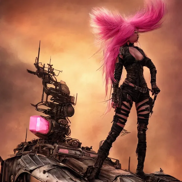 Prompt: beautiful apocalyptic woman with pink Mohawk, standing on mad max panzer tank, epic, smooth, sharp focus, 4k ultra hd, fantasy dark art, tank girl, artgerm, artstation, octane render, elegant, detailed digital painting