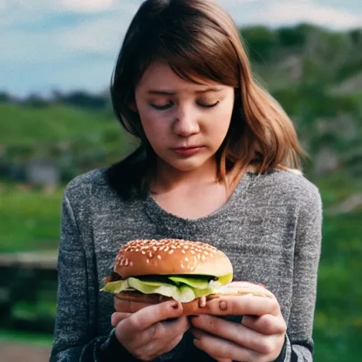 Prompt: a girl eating a burger. Still from weathering with you.