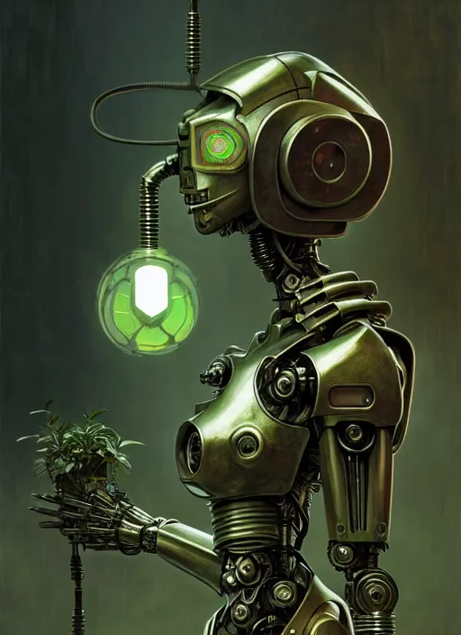 Image similar to dystopian robot, metal, holding green plant, cinematic lighting, fantasy, warforged, intricate, highly detailed, lifelike, photorealistic, digital painting, artstation, illustration, concept art, sharp focus, art by john collier and albert aublet and krenz cushart and artem demura and alphonse mucha