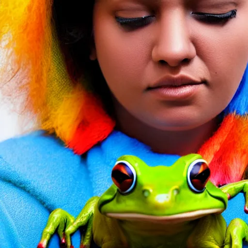 Image similar to Woman with Frogs, sharp focus colorful realistic photograph