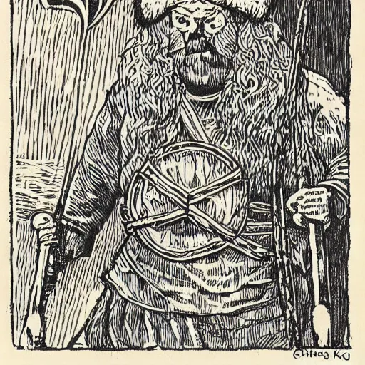 Image similar to pepe the frog, viking battles, saga, snorri sturluson, woodcut by christian krohg