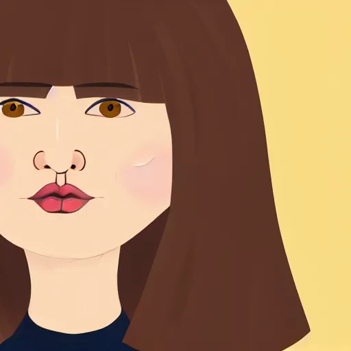 Image similar to chubby brunette woman with straight hair in a short bob, round face, romanian heritage, brown eyes, olive skin, bulbous nose, big chin, wide face, no bangs, digital art, cartoon, cute, 8k, illustration, trending on artstation, medium shot, head shot