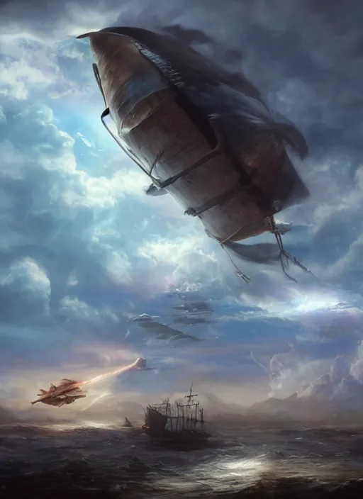 Prompt: pirate airship flying through the clouds, volumetric light rays painted by raymond swanland