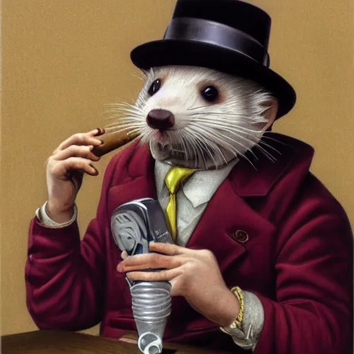 Prompt: Portrait of an anthropomorphic Ferret crime boss smoking a cigar. Very high quality. Drawn by James Christensen