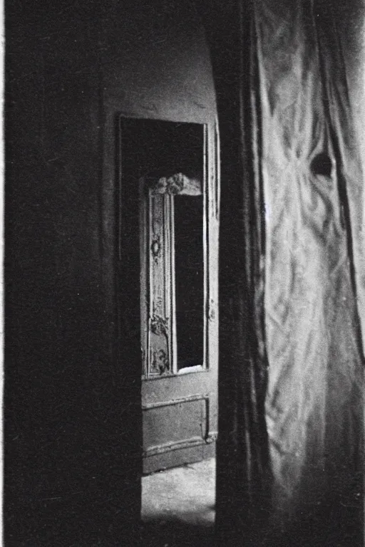 Image similar to Black and white camera obscura image of creepy room, 1910s paris, scary, horror, dark mood