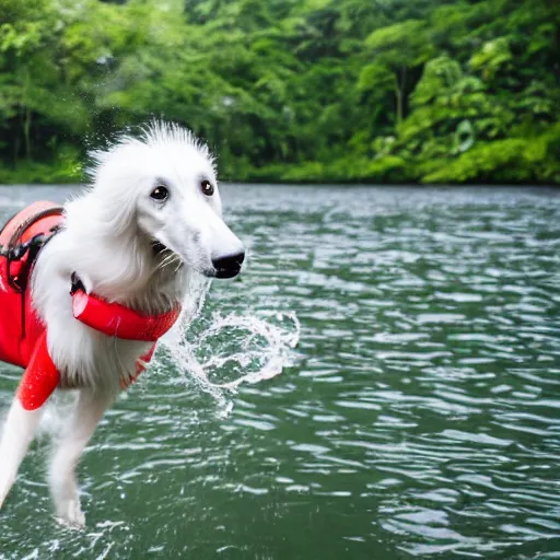 Image similar to photo of borzoi dog wearing diving gear swimming in the amazon rainforest, 4k award-winning animal photography