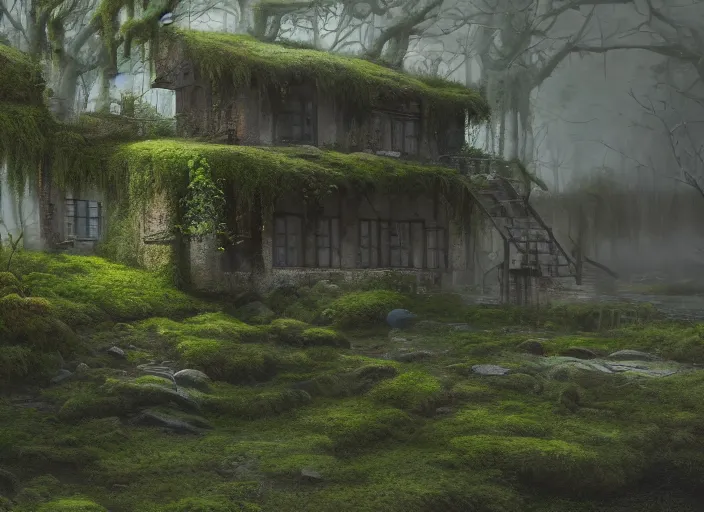 Image similar to detailed full body concept art illustration pastel painting of a moss covered building, ultra detailed, digital art, octane render, dystopian, micro detail 4k