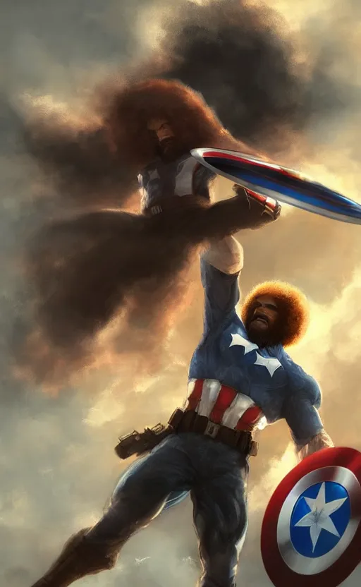 Image similar to bob ross as captain america, dynamic lighting, cinematic, ultra detailed, trending on art station, stunning visuals, creative, fantasy concept art