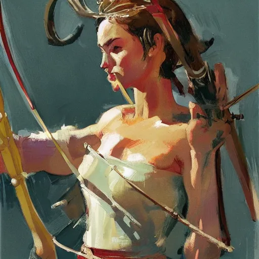 Image similar to portrait of woman wearing medieval holding a bow and arrow, detailed by greg manchess, craig mullins, bernie fuchs, walter everett