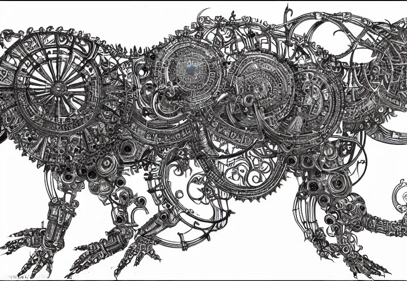 Image similar to schematic blueprint of highly detailed ornate filigreed convoluted ornamented elaborate cybernetic rat, art by da vinci