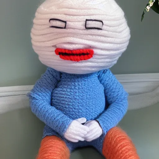 Image similar to hide the pain harold doll made out of yarn