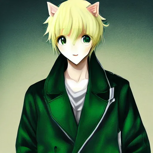 Image similar to cute white anime catboy wearing green jacket anthropomorphic, anime, digital painting