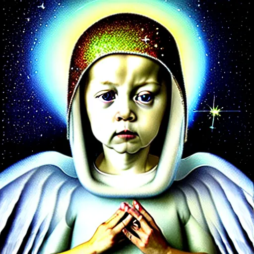 Prompt: beautiful high details hyper realistic painting of white angel in the hood coming from space with giant ball of miracle light from the chest!!!!!, 4 k hd face!!!, cute face, no gender, giant silver holographic wings, by jan van eyck, holography space, white sparkles everywhere, thin strokes, high textures, silver background