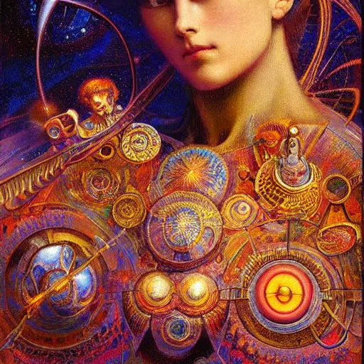 Image similar to highly detailed portrait of a psychedelic dmt mecha, painting by gaston bussiere, craig mullins, j. c. leyendecker, lights, art by ernst haeckel, john william godward, hammershøi, alex grey