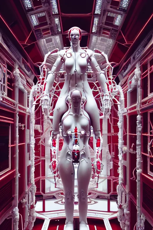 Image similar to high detailed white space station interior a statue jesus on cross made of red marble, perfect symmetrical body, full body shot, inflateble shapes, wires, tubes, veins, jellyfish, white biomechanical details, wearing epic bionic cyborg implants, masterpiece, intricate, biopunk, vogue, highly detailed, artstation, concept art, cyberpunk, octane render