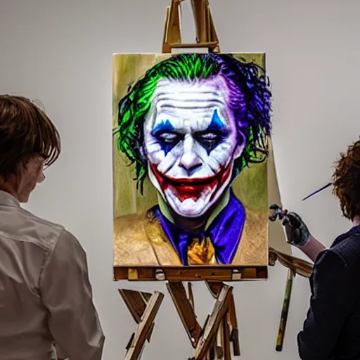 Image similar to photograph of the joker ( 2 0 1 9 ) as a professional artist, standing at an easel with paint, photograph, 3 5 mm, 8 k