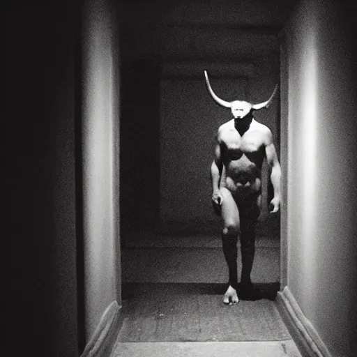 Image similar to hi - 8 night vision camera footage of a barely visible minotaur with red eyes in a dark hallway