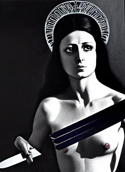 Image similar to 1976 film still from an Italian slasher film of elegant Joan d'Arc as the goddess of razor blades. ultra detailed painting at 16K resolution and amazingly epic visuals. epically beautiful image. amazing effect, image looks gorgeously crisp as far as it's visual fidelity goes, absolutely outstanding. vivid clarity. ultra. iridescent. mind-breaking. mega-beautiful pencil shadowing. beautiful face. Ultra High Definition. godly shading. amazingly crisp sharpness. photorealistic film cel processed twice..