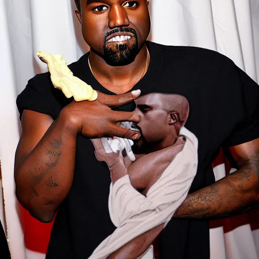 Image similar to kanye west holding an anime body pillow