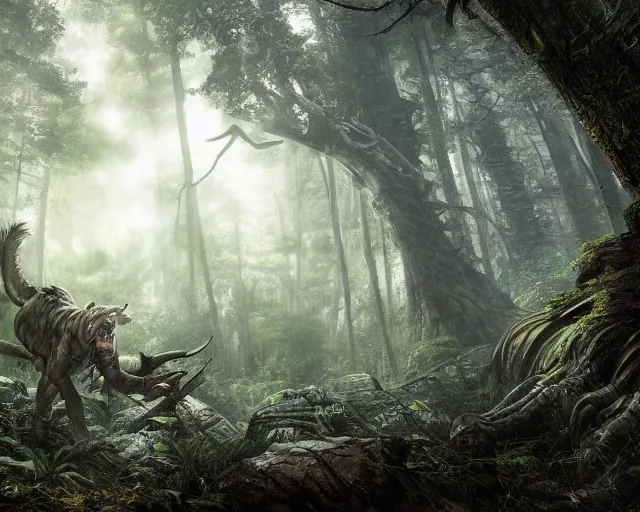 Prompt: predators lurking in the woods, matte painting, ultra wide shot, sharp focus, wallpaper art, dramatic lighting, concept artwork by greg rutowski and murata range