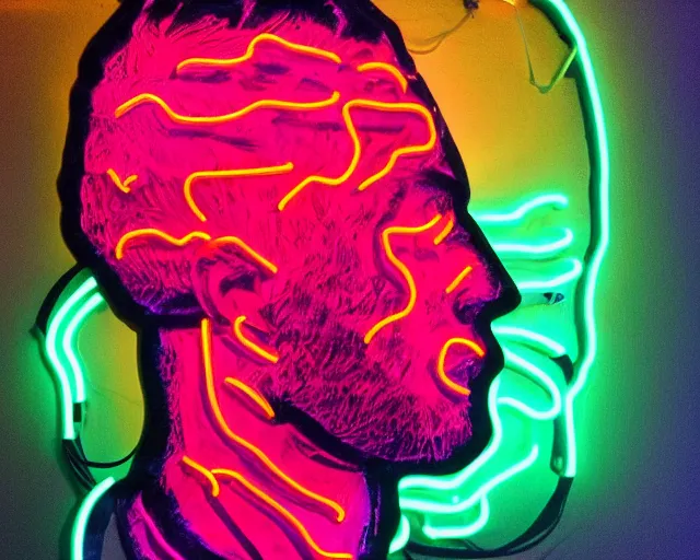 Prompt: renaissance davids head with neon art, hyper detailed