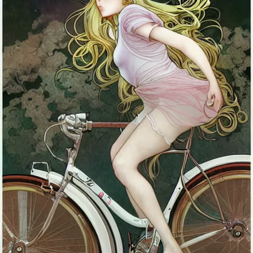 Image similar to A girl on a bicycle , Long, flowing hair by Range Murata and mucha ,full shot,