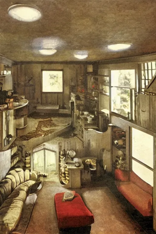 Image similar to art - deco interior of a hobbits house