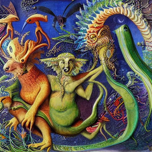 Prompt: strange mythical beasts of whimsy, surreal oil painting by ronny khalil and johfra, drawn by ernst haeckel, as an offering to zeus