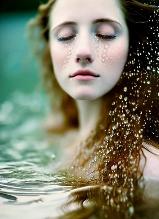 Prompt: Kodak Portra 400, 8K, soft light, volumetric lighting, highly detailed, sharp focus,britt marling style 3/4, Close-up portrait photography of a beautiful woman how pre-Raphaelites a woman with her eyes closed is surrounded by water + almost the entire face is immersed in water. a beautiful lace dress and hair are intricate with highly detailed realistic beautiful flowers , Realistic, Refined, Highly Detailed, natural outdoor soft pastel lighting colors scheme, outdoor fine art photography, Hyper realistic, photo realistic