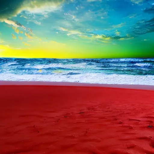 Image similar to mcdonalds on a red sand beach, green ocean, nebula sunset