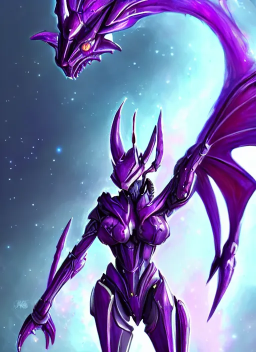 Image similar to cinematic front shot, cosmic beautiful stunning giant robot mecha hot female dragon goddess, sharp spines, sharp metal ears, smooth purple eyes, smooth fuschia skin, elegant smooth silver armor, nebula size, epic proportions, epic scale, macro furry, furry art, dragon art, goddess art, giantess art, warframe, warframe fanart, furaffinity, octane