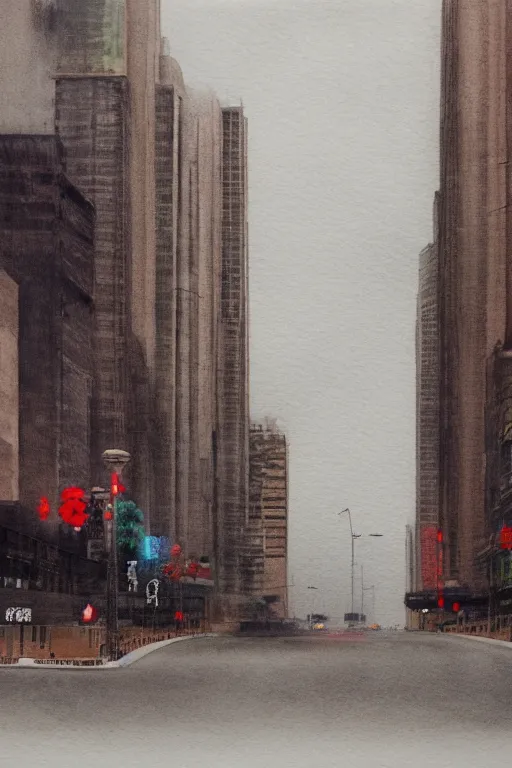 Prompt: A watercolor depicting an empty Huaihai Road gloomy weather, high contrast, smooth, by Joseph Zbikowicz, 8k