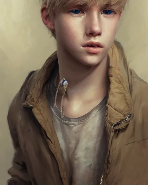 Image similar to portrait of 1 5 - year - old boy with blonde hair, round - face, and slightly buck - toothed, hyper realistic face, beautiful eyes, fantasy art, in the style of greg rutkowski, intricate, hyper detailed, smooth