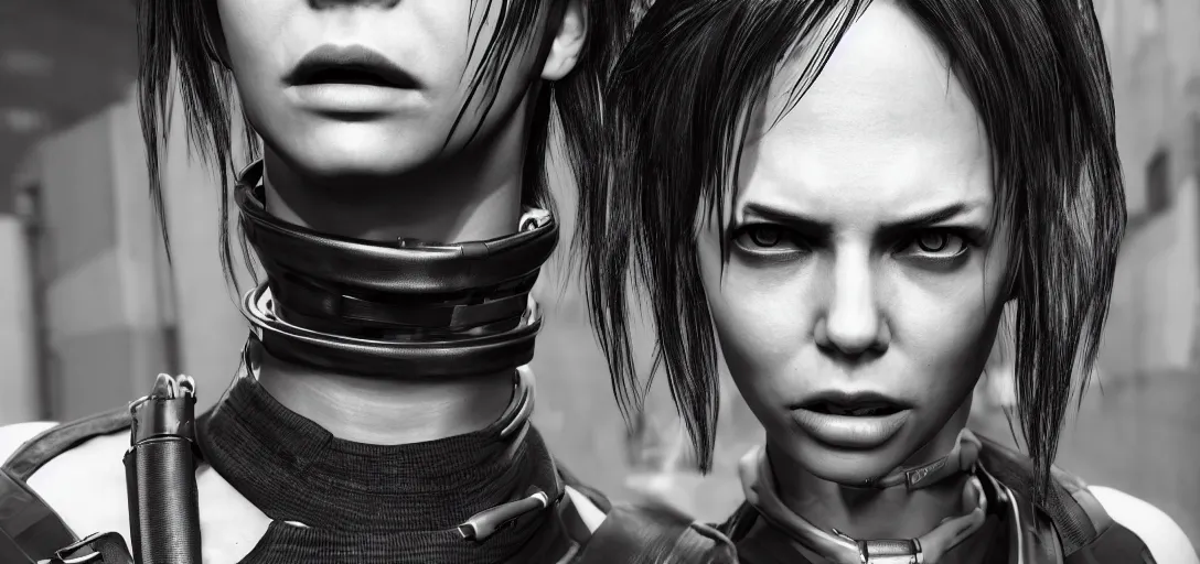 Image similar to detailed realistic female character cyberpunk wearing thick steel collar around neck, realistic, art, beautiful, 4K, collar, choker, collar around neck, punk, artstation, detailed, female, woman, choker, cyberpunk, neon, punk, collar, choker, collar around neck, thick collar, choker around neck, wearing choker, wearing collar,