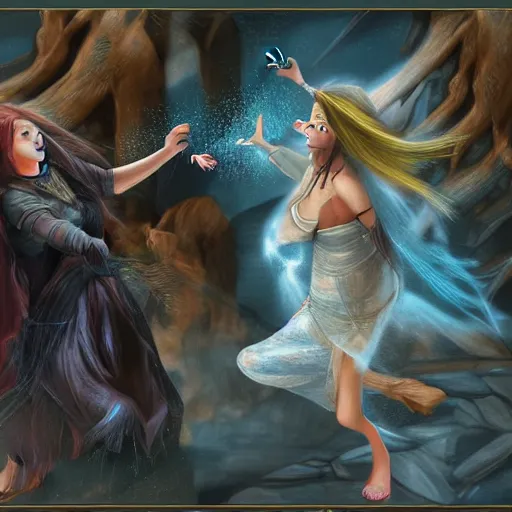 Image similar to a scene of two identical beautiful sorceresses fighting, detailed digital painting, full of detail