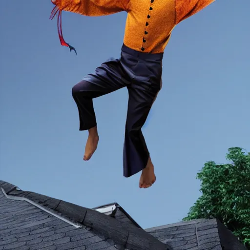 Image similar to a joker wearing suspended trouser dancing on the roof, 8k, realistic