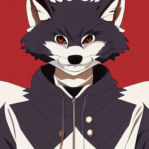 Image similar to key anime visual portrait of an anthropomorphic anthro wolf fursona, in a jacket, with handsome eyes, official modern anime art