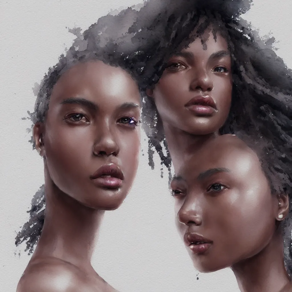 Prompt: beautiful watercolor painting of young black women, intricate, elegant, highly detailed, digital painting, artstation, concept art, smooth, sharp focus,, dynamic lighting, ultrarealistic, cinematic, octane render, 8 k