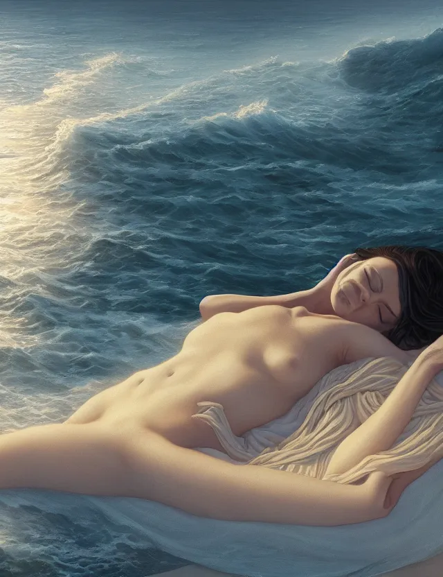 Prompt: A woman sleeping covered by the ocean, masterpiece digital painting by Alex Grey, Greg Rutkowski, 4k wallpaper