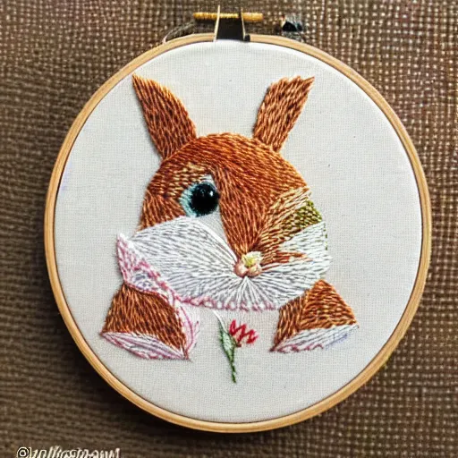 Image similar to a tiny beautiful handmade embroidery of a very cute rabbit. hand embroidery.