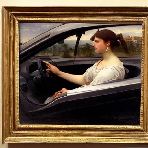 Image similar to an oil painting of an angel driving a car in a drive through, one hand on the steering wheel, exterior view, by Bouguereau, highly realistic and intricate