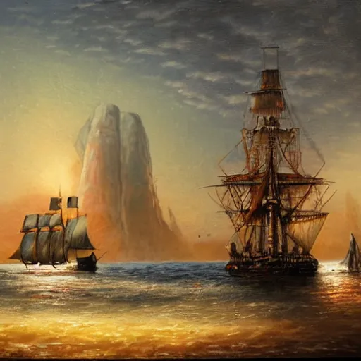 Prompt: an ancient sailing ship off the shore of a beautiful coastline with an omenous biopunk tower with glowing lights rising in the distance, painting by John Berkley