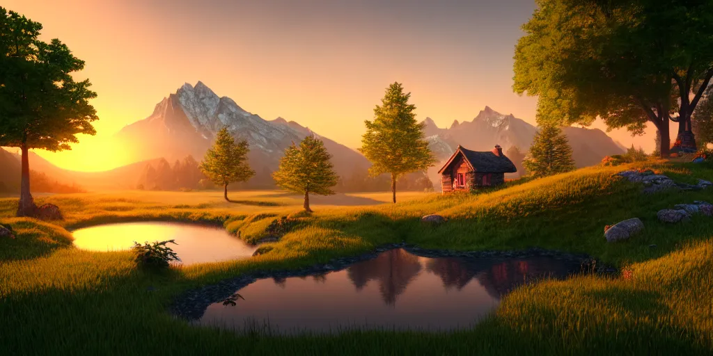 Prompt: a beautiful fantasy landscape, mountain in background, little cottage, small pond, some trees in the corner, sunrise, hyper realism, octane render, art by philipp urlich