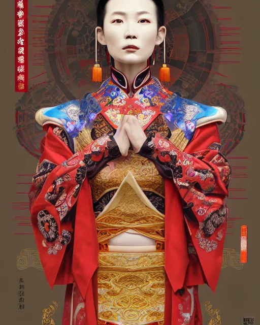 Image similar to portrait of a chinese cyberpunk machine, machine face, robed, upper half portrait, decorated with chinese opera motifs, regal, asian, fine china, wuxia, traditional chinese art intricate intense elegant 京 剧 highly detailed digital painting artstation concept art smooth sharp focus illustration, art by artgerm and greg rutkowski alphonse mucha 8 k