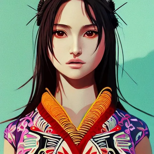 Image similar to a beautiful young japanese natalie portman alluring gravure model, stylized concept art, wearing elegant designer bomber jacket and one piece bikini, bomber jacket with mesoamerican patterns, mesoamerican native street fashion, princess mononoke, painted by ilya kuvshinov aesthetic, gorgeous, stunning, alluring, attractive, artstation, pinterest, digital art